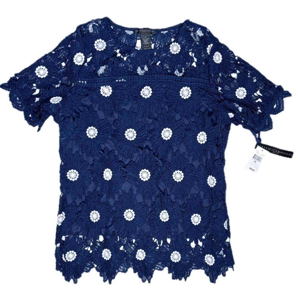 Navy Blue Crochet Style Floral Shirt Sz Petite Large Fairycore Boho Hippie Twee